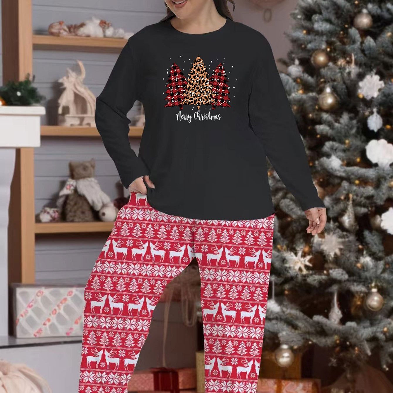 Christmas Pajamas Set Women's Plus Christmas Tree & Slogan Print