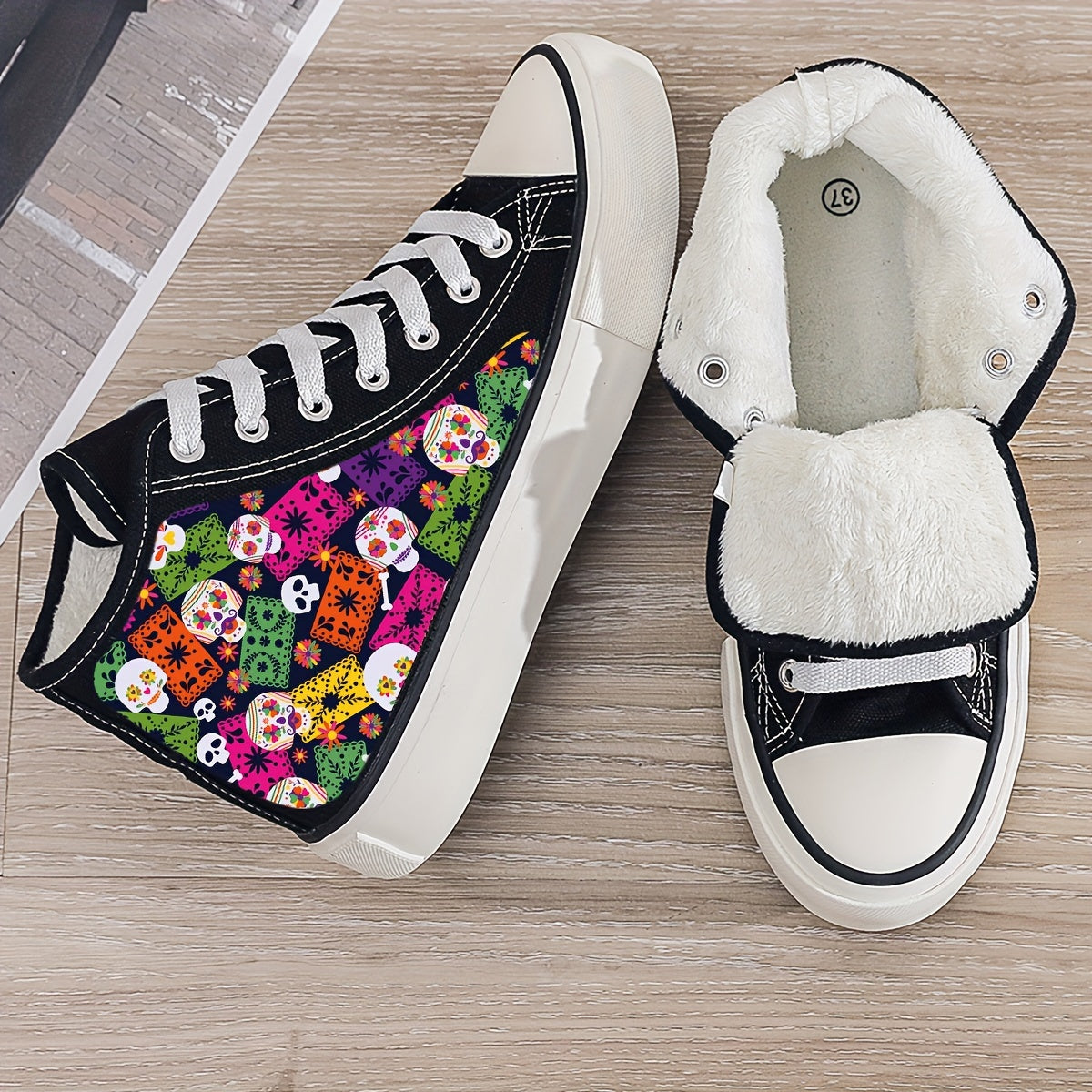 Girl's High Top Skull Pattern Skate Shoes Warm Plush Lining