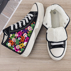 Girl's High Top Skull Pattern Skate Shoes Warm Plush Lining