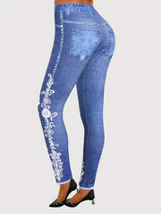 Floral & Denim Print Leggings Skinny Casual Leggings Women's Clothing