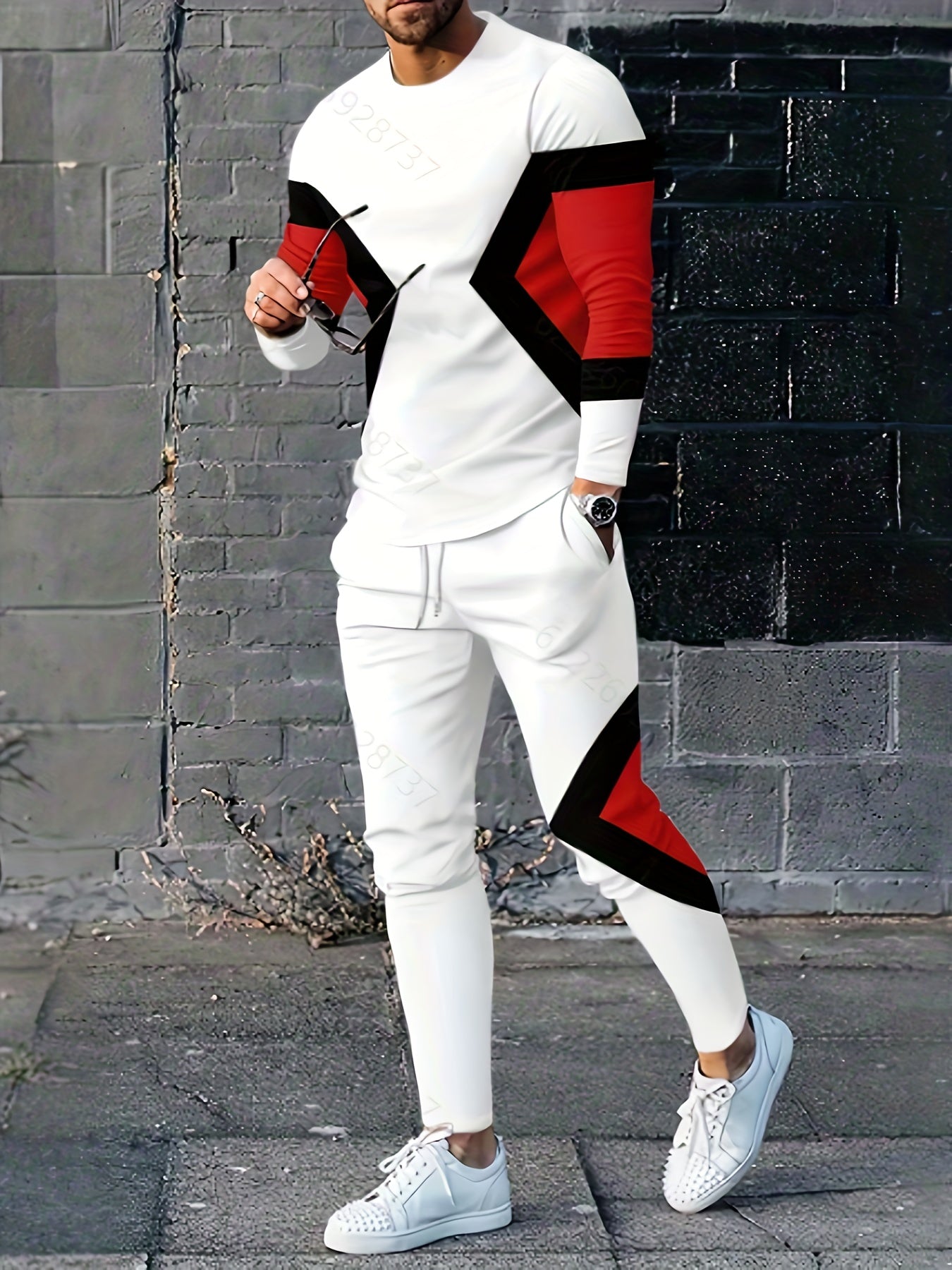 Men's Block Print 2-Piece Outfit: Sweatshirt & Sports Trousers
