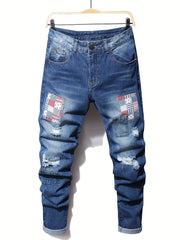 Embroidered Distressed Jeans Men's Casual Street Style Denim Pants