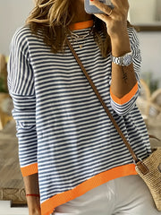 Striped Crew Neck Sweater Long Sleeve Casual Sweater