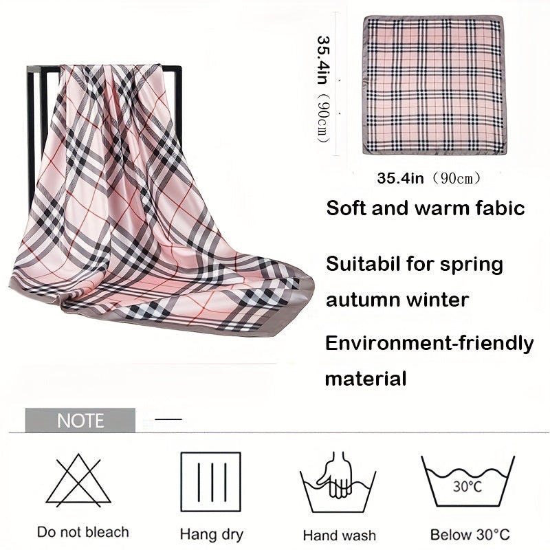 Plaid Print Bandana Silk Large Square Scarf Casual Head Wrap Women Hair Accessor