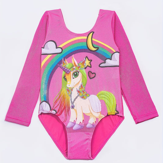Girls Cartoon Pony & Rainbow Gymnastics Leotard Bodysuit
