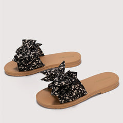 Flower Print Bowknot Decor Casual Slides PVC Flat Sandals