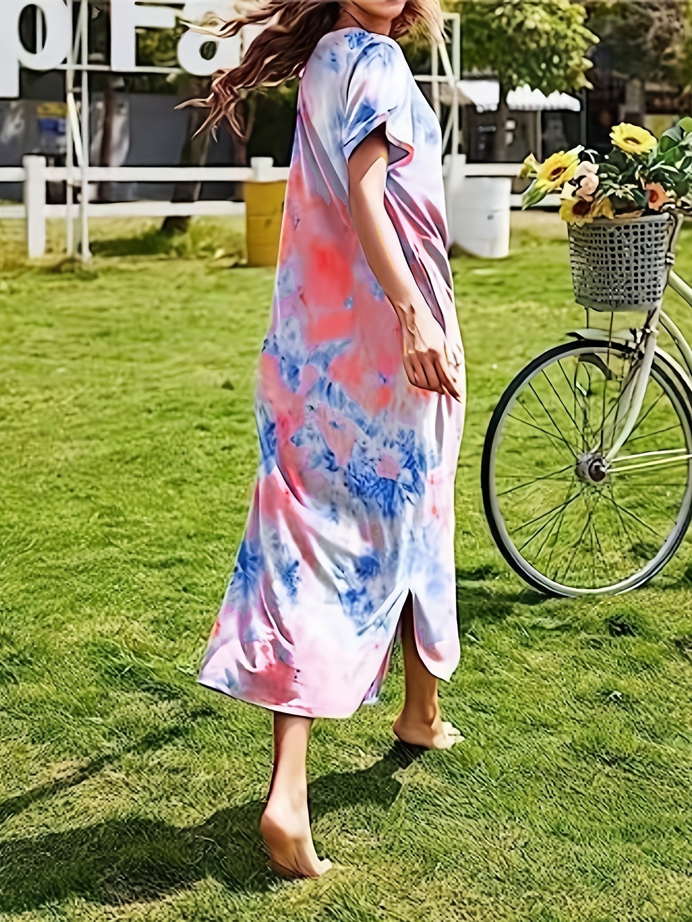 Tie Dye Print Dress V-Neck Short Sleeve Casual Dress
