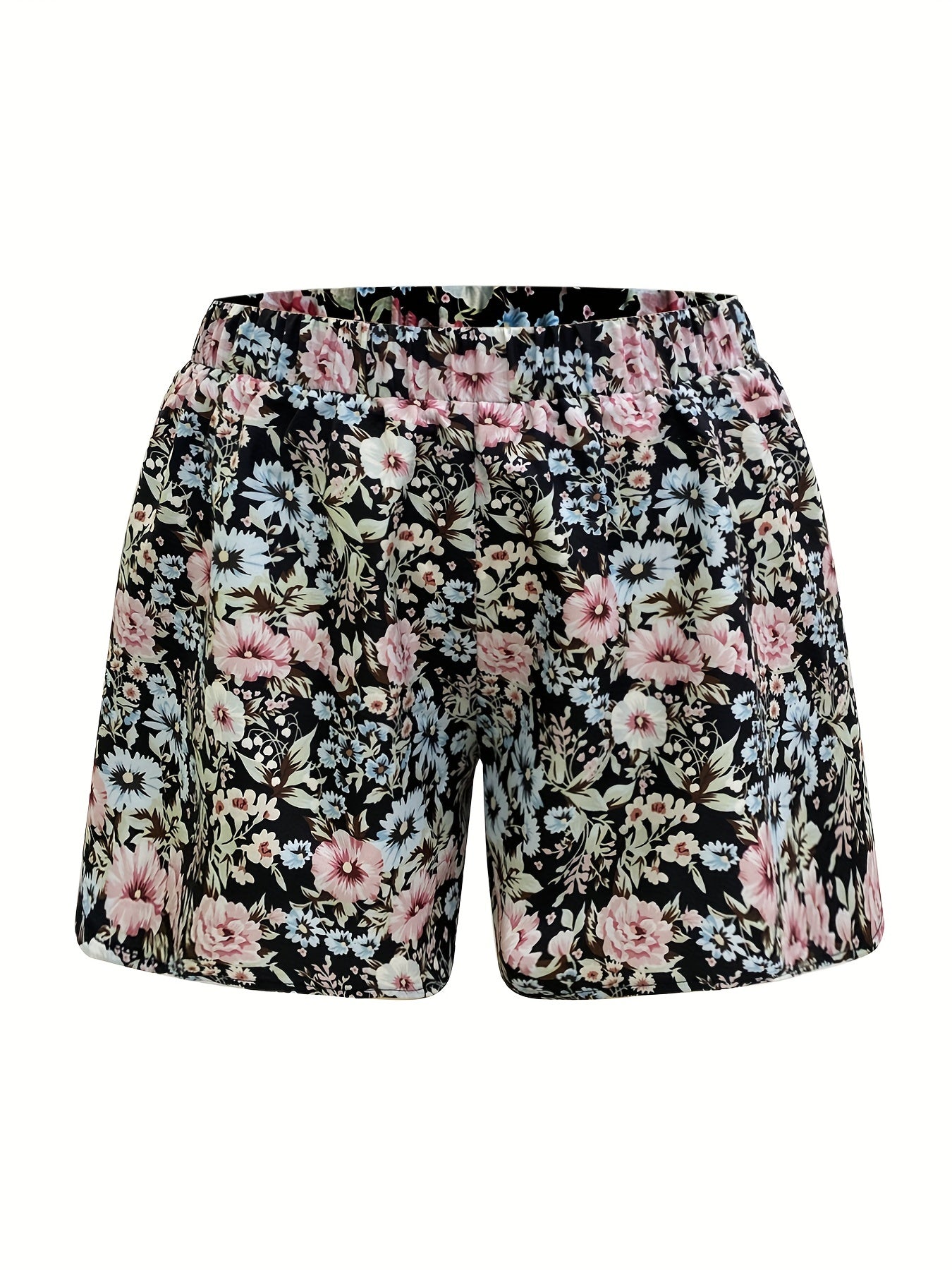 Boho Shorts Women's Plus Allover Floral Print Elastic High Rise Shorts