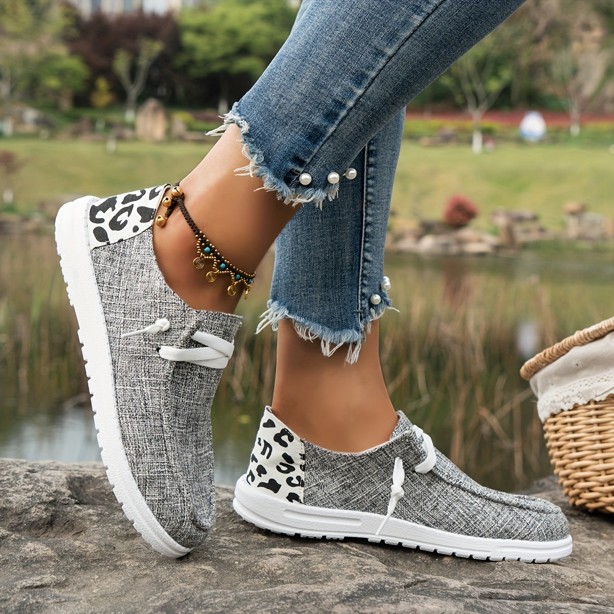 Leopard Printed Canvas Lace Up Low Top Sneakers