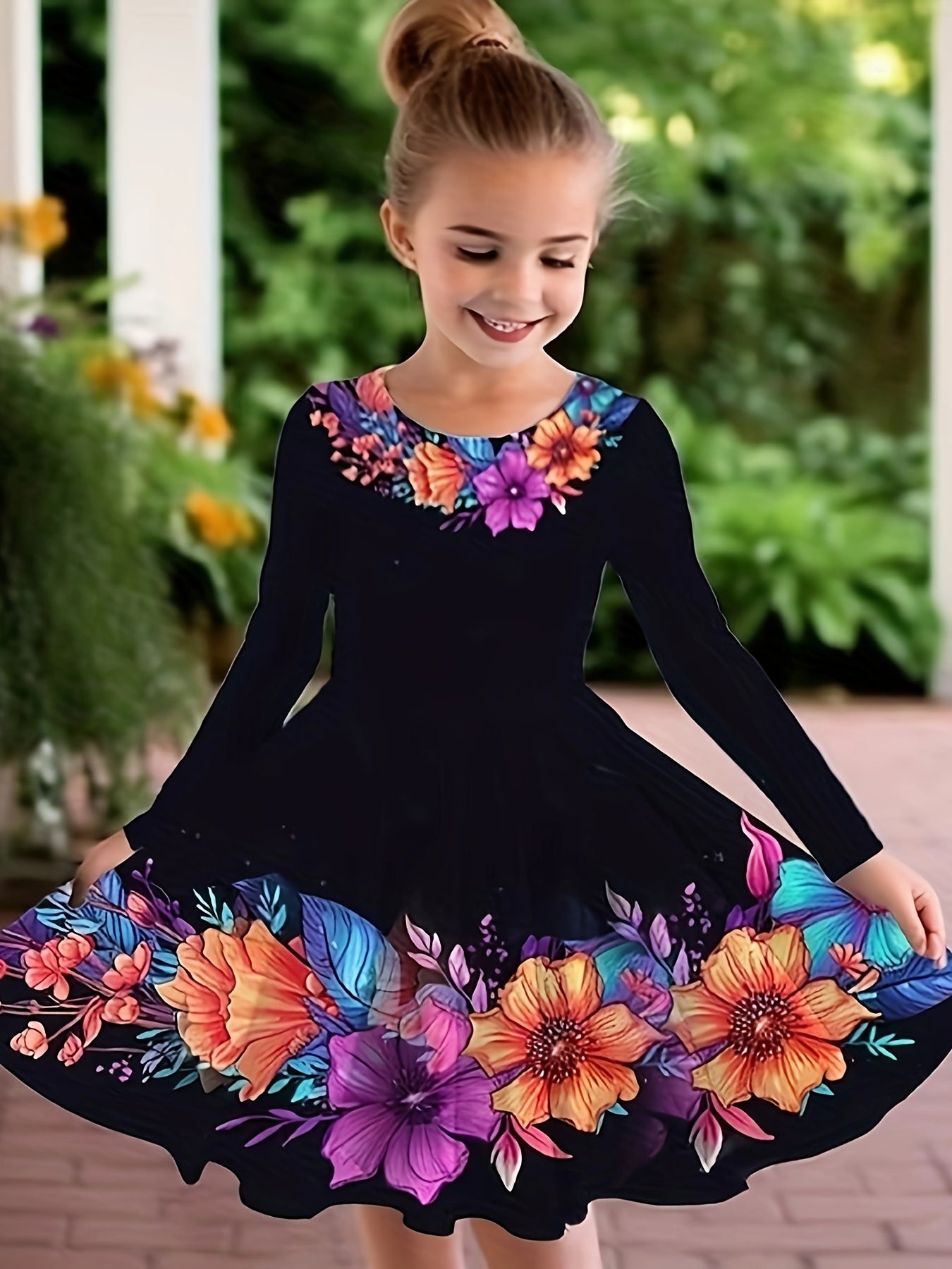 Girls Flower Print Long Sleeve Dress for Spring Fall Party