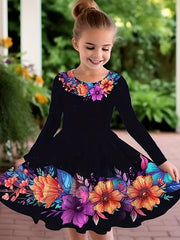 Girls Flower Print Long Sleeve Dress for Spring Fall Party