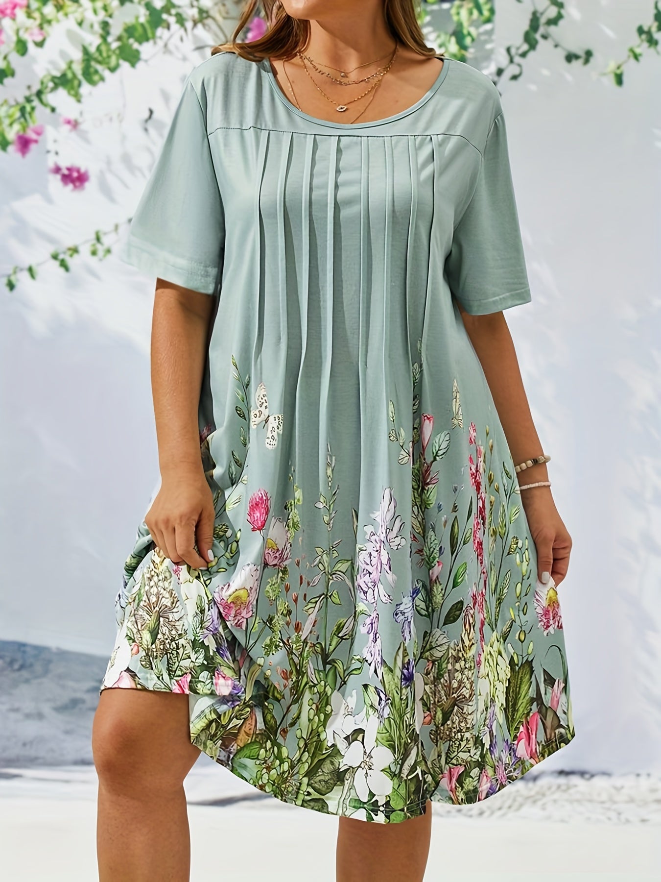 Floral Print Short Sleeve Pleated Dress