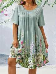 Floral Print Short Sleeve Pleated Dress