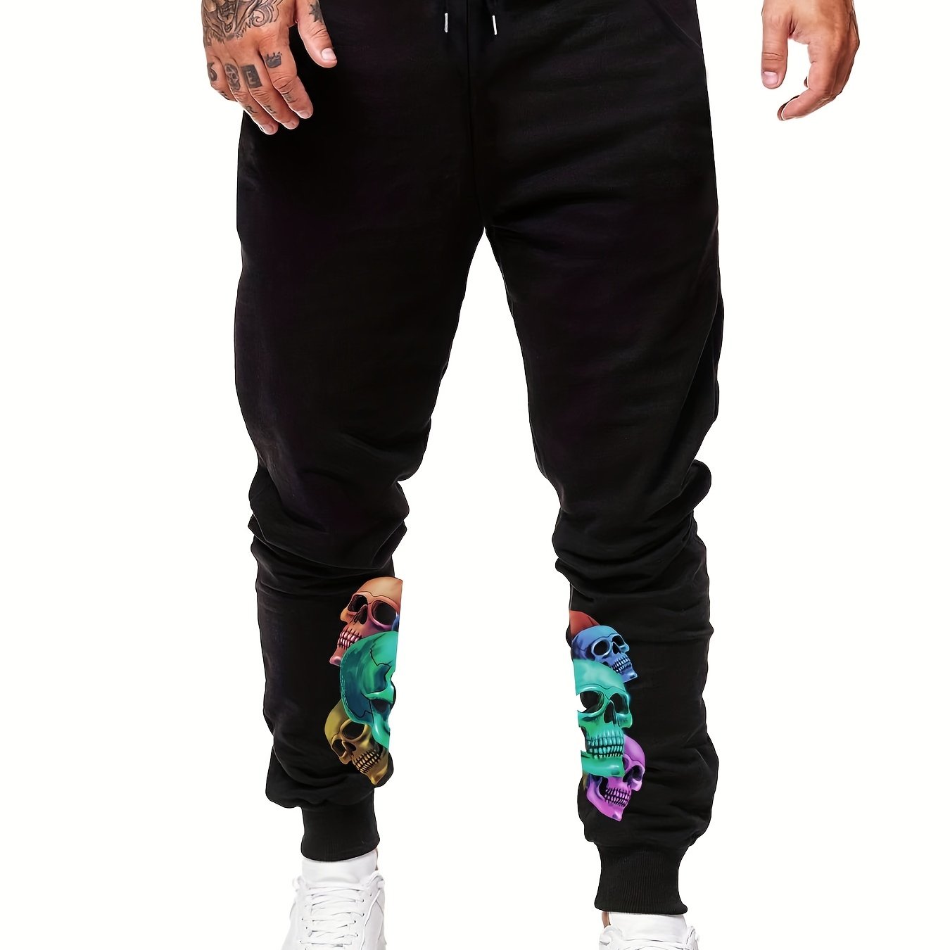 Colorful Skulls Print Warm Sweatpants Drawstring Jogger Pants
