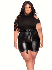 Solid Cold Shoulder Crop Top & Faux Leather Shorts Set