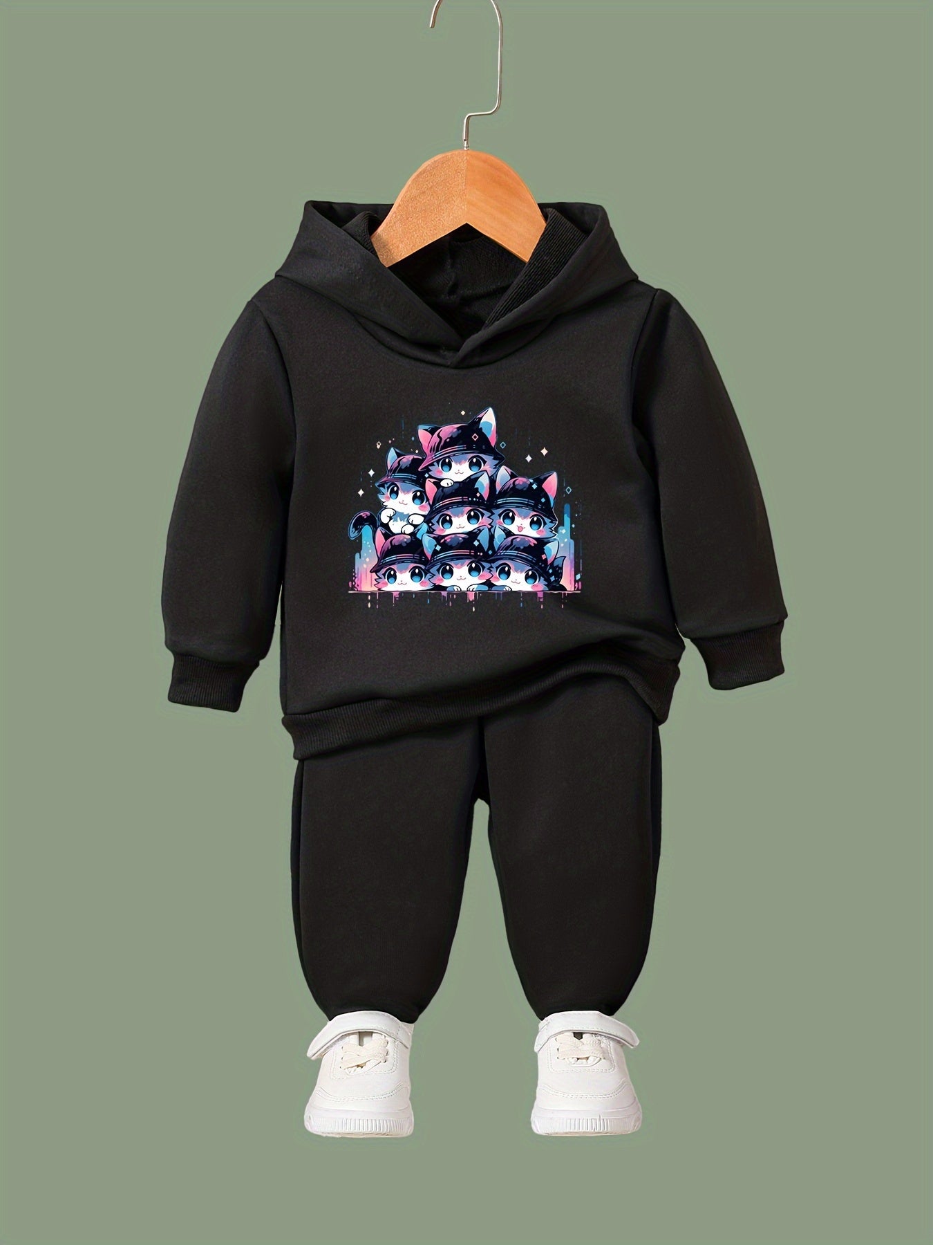 Disco Kitty Print Girls Hoodies Jogger Pants Set for Sports Spring Fall