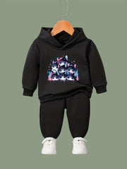 Disco Kitty Print Girls Hoodies Jogger Pants Set for Sports Spring Fall