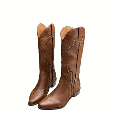 Rivet Decor Western Boots Slip On Point Toe Block Heel Shoes