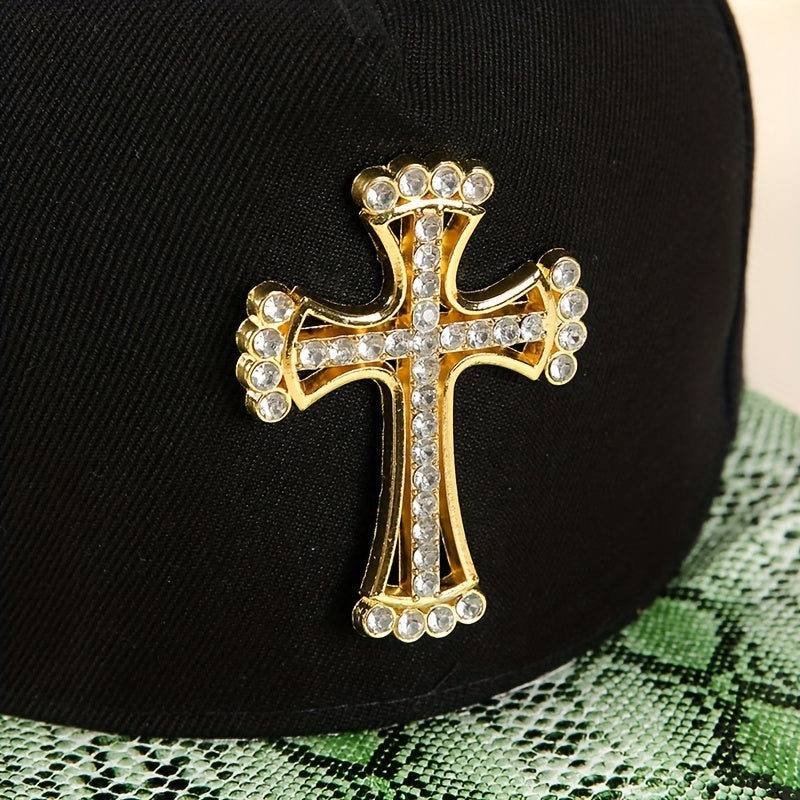 Rhinestone Cross Patch Snapback Hat Green Snake Pattern Sun