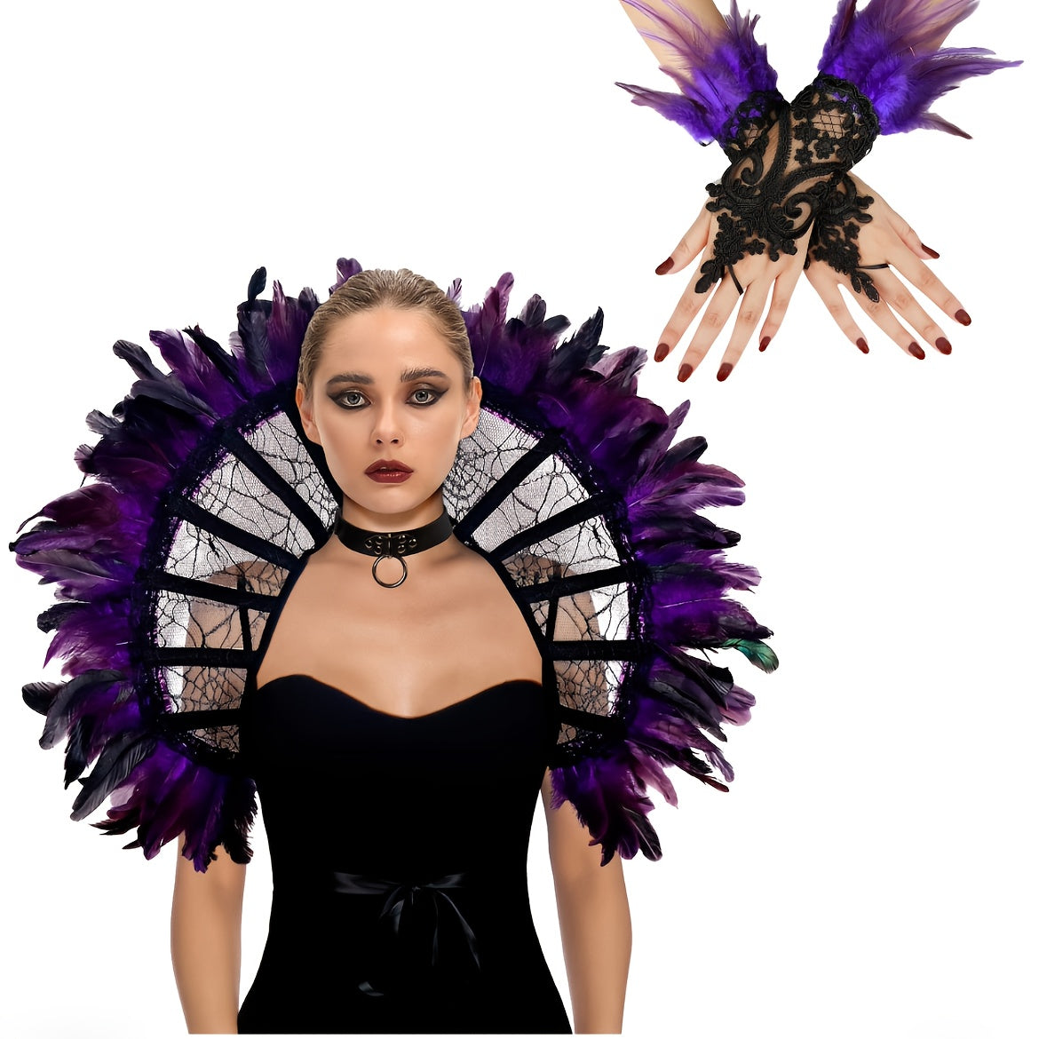 Gothic Corset & Glove Set Teal Feather Accents Ruffled Sleeves Halloween Cosplay