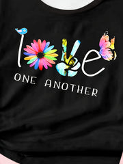 LOVE & Butterfly Graphic Short Sleeve T shirt Girls Versatile Pullover Tops