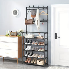 Entrance Coat Rack Shoe Rack Standing Coat Rack with 4 Layers Storage Shelves