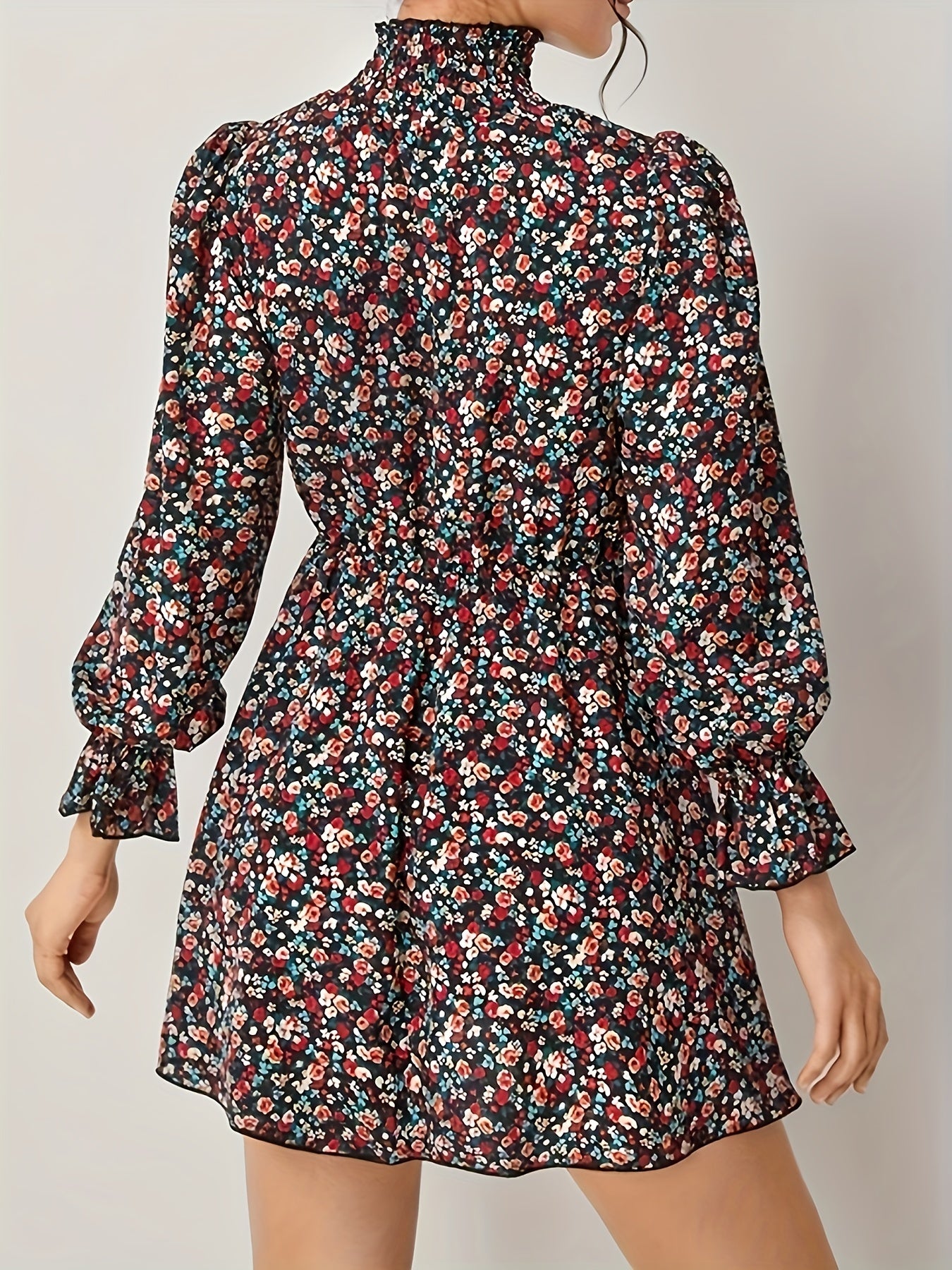 Allover Ditsy Print Lantern Sleeve High Neck Mini Dress