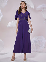 Pleated Cinched Waist V Neck Jumpsuit Casual Cape Sleeve Jumpsuit