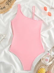 Mesh Asymmetrical Shoulder Strap Swimsuit High Cut One Piece