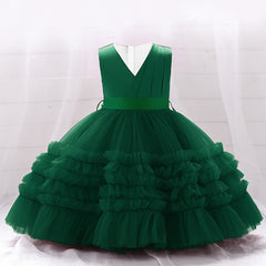 Girls Sleeveless V Neck Mesh Princess Dress with Bowknot Belt