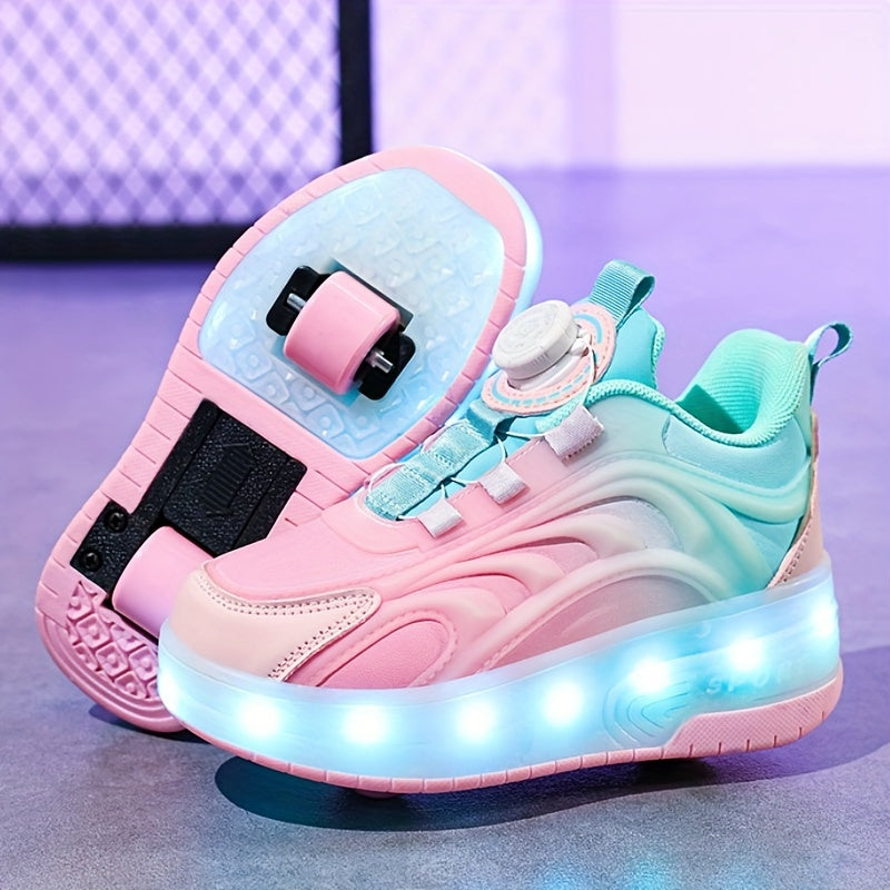 Girl's LED Roller Shoes w/ Rotating Buckle Detachable Wheels Skate Sneakers
