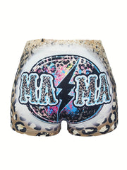 Leopard MAMA Print Skinny Shorts Casual Shorts