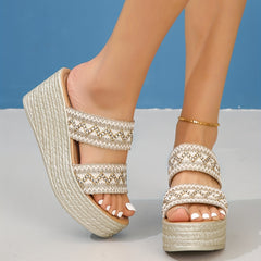 Boho Style Platform Wedge Sandals, Open Toe Slip On Shoes