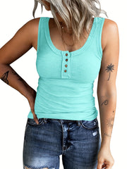 Ribbed Button Front Tank Top Sleeveless Crew Neck Casual Summer Women's Clothing