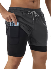 Men's 2-Layer Gym Running Shorts w/ Pockets Quick Dry Active Drawstring