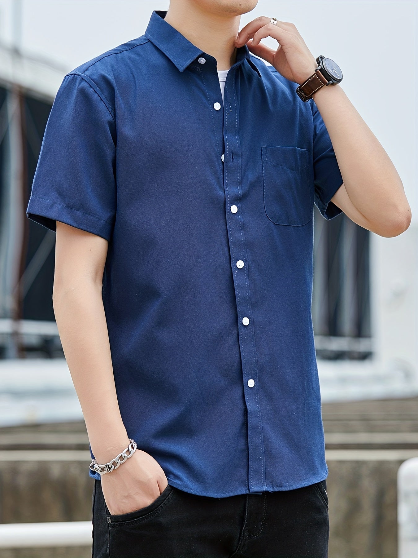 Men s Casual Cotton Shirt Vintage Style Short Sleeve Shirt With Chest Pocket