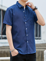 Men s Casual Cotton Shirt Vintage Style Short Sleeve Shirt With Chest Pocket