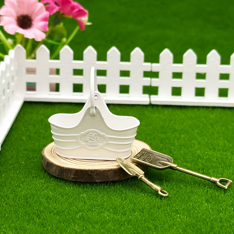 2pcs 1:12 Dollhouse Metal Flower Bucket Basket with Shovel Fairy Garden Decor