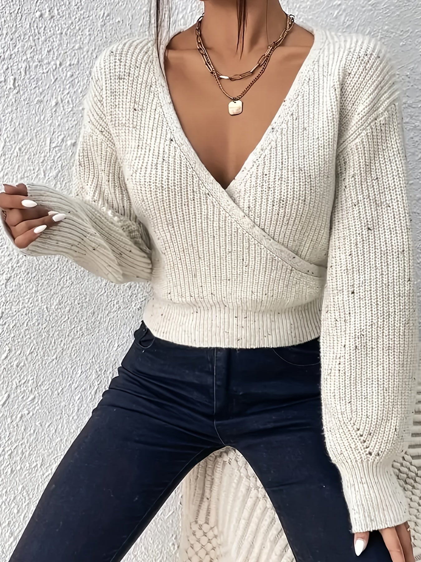 Surplice Neck Knit Sweater Long Sleeve Casual