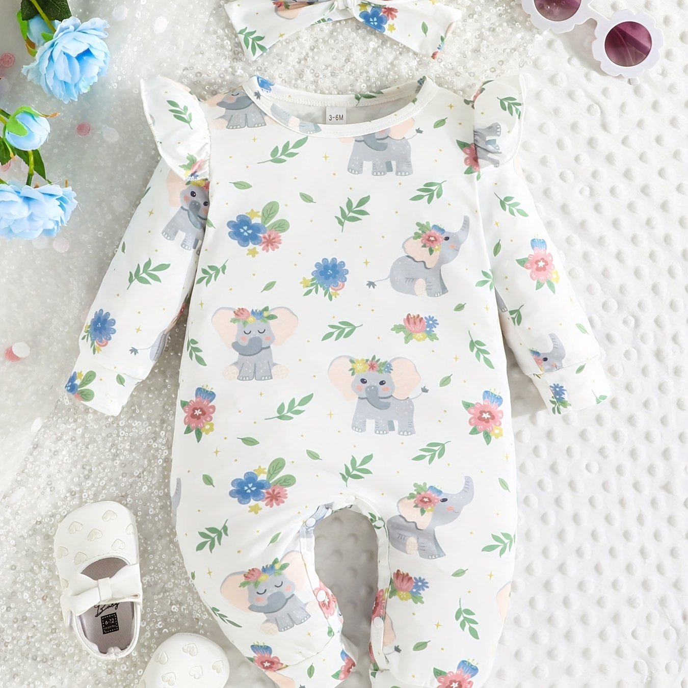 Elephant Graphic Romper & Headband Set for Baby Girls