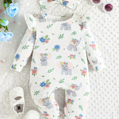 Elephant Graphic Romper & Headband Set for Baby Girls