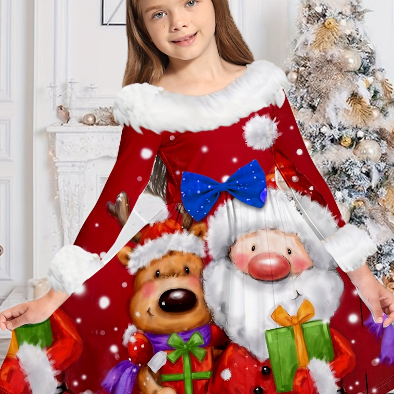 Santa & Reindeer Graphic Christmas Dress Girls