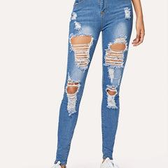 Distressed High Stretch Skinny Jeans Slim Fit Denim Pants