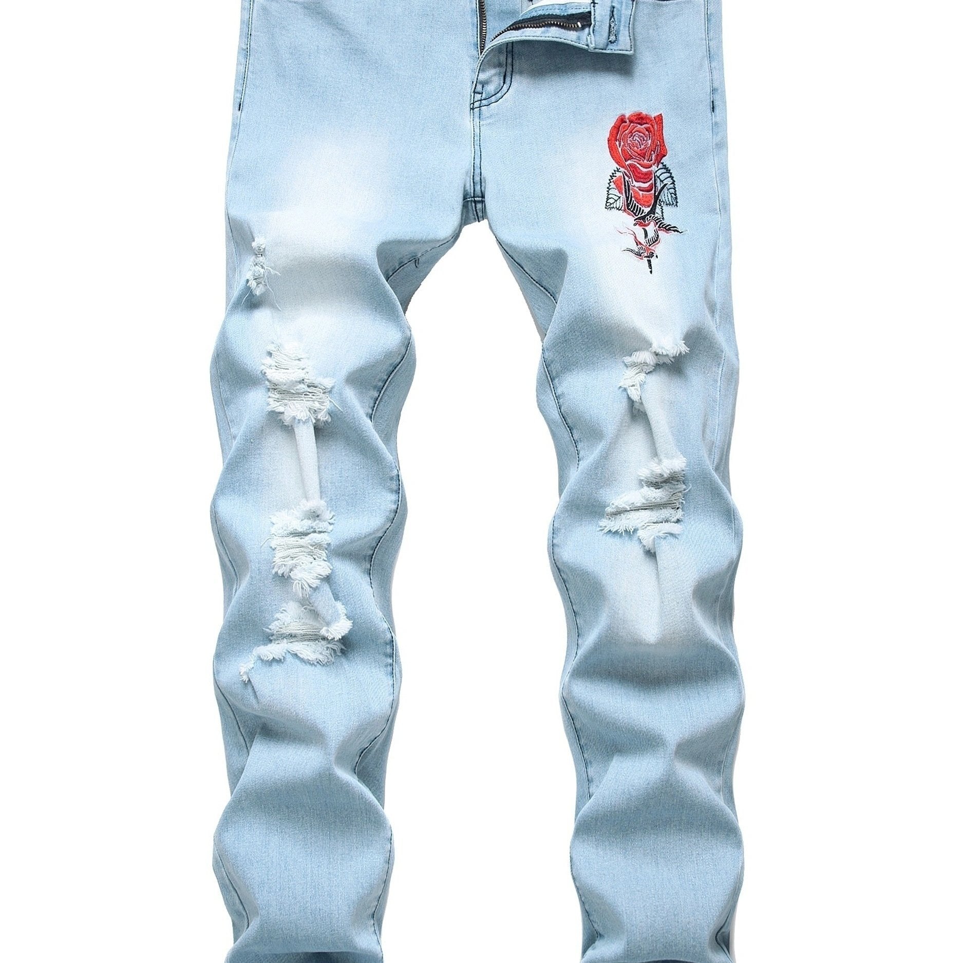 Rose Pattern Slim Fit Ripped Jeans Men's Casual Street Style