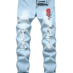 Rose Pattern Slim Fit Ripped Jeans Men's Casual Street Style
