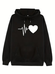 Heart Print Hoodies Casual Drawstring Long Sleeve Sweatshirt