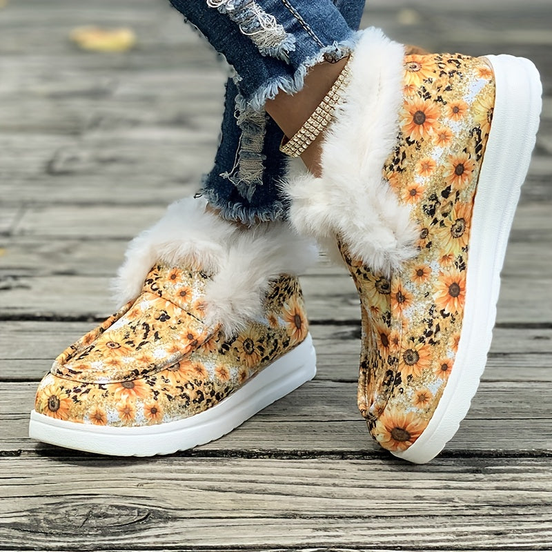 Sunflower & Leopard Print Plush Lined Furry Boat Shoes