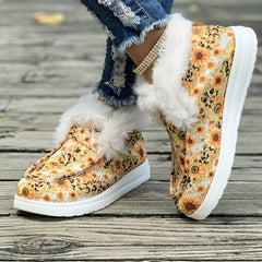 Sunflower & Leopard Print Plush Lined Furry Boat Shoes