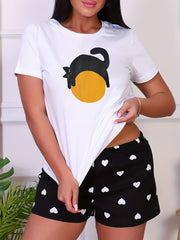 Cat Print Sleep Top Short Sleeve Crew Neck Pajama Shirt