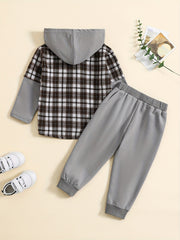 Toddler Boy's Hooded Shirt & Sweatpants Set Plaid Casual Outfits